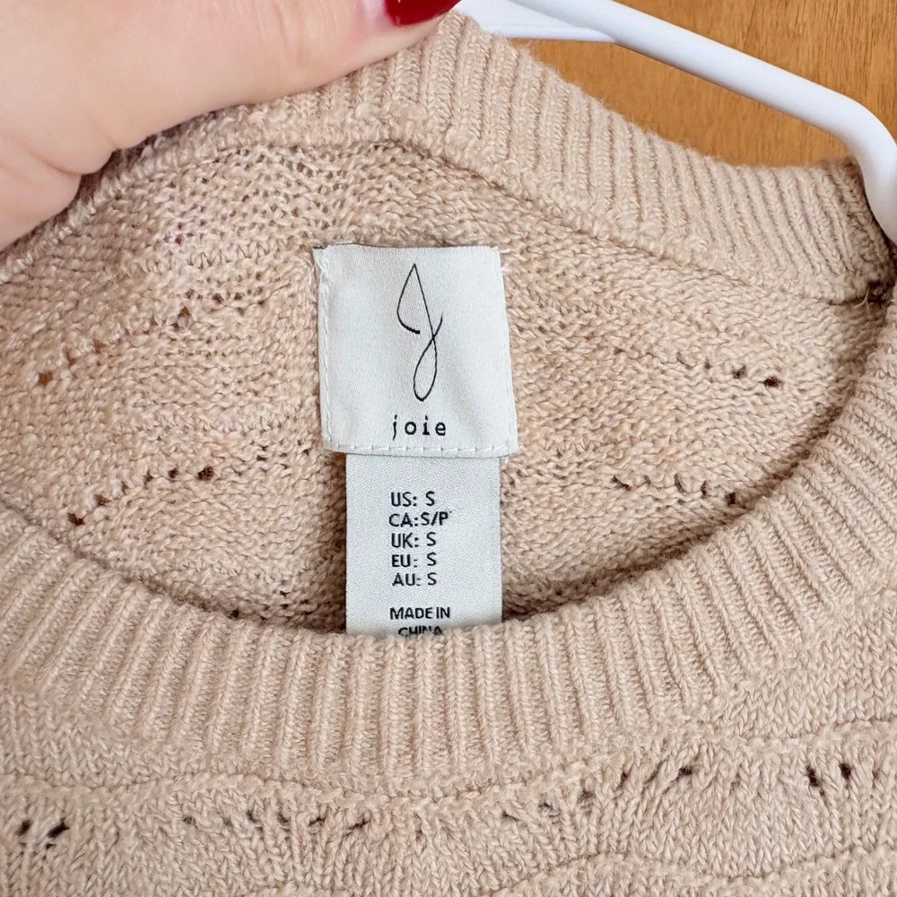Joie Womens Beige Pointelle Scalloped Knit‎ Puff Short Sleeve Sweater Size S - Picture 5 of 8